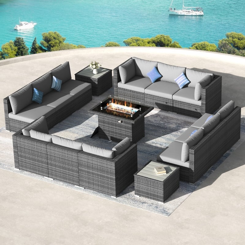 FINCATI 15-Piece Grey Wicker Patio Conversation Set with 43" Fire Pit