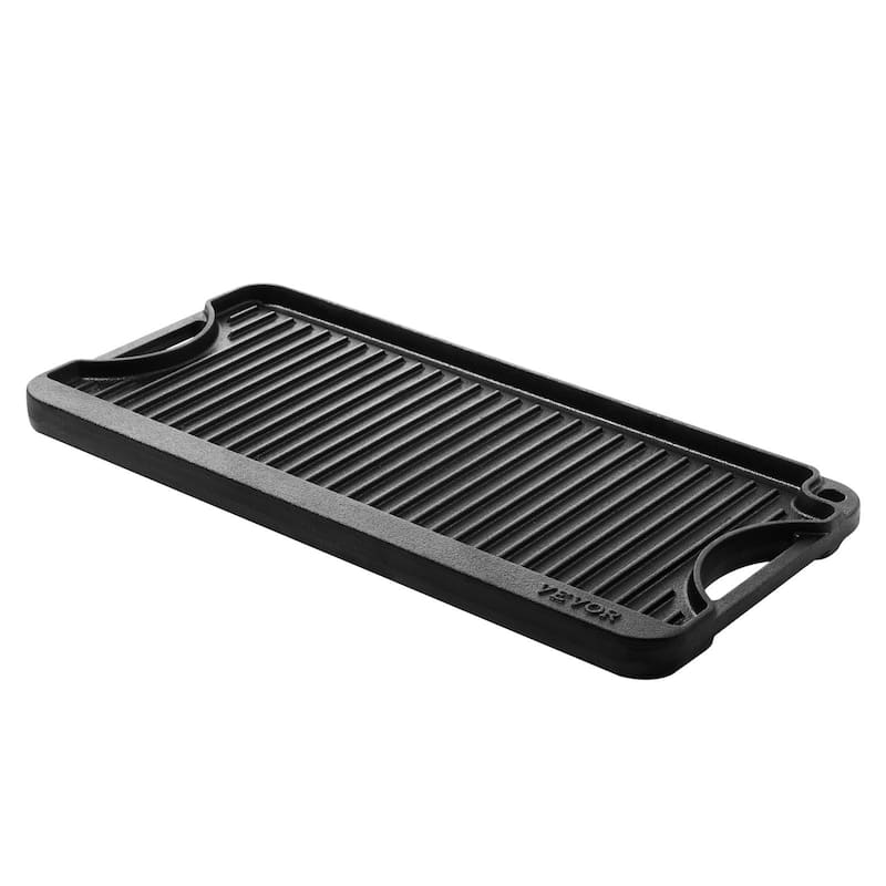 Black Reversible Flat Cast Iron Griddle Grill BBQ Pan with 500°F Heat Resistant for Indoor Outdoor Cooking - 20"x10"