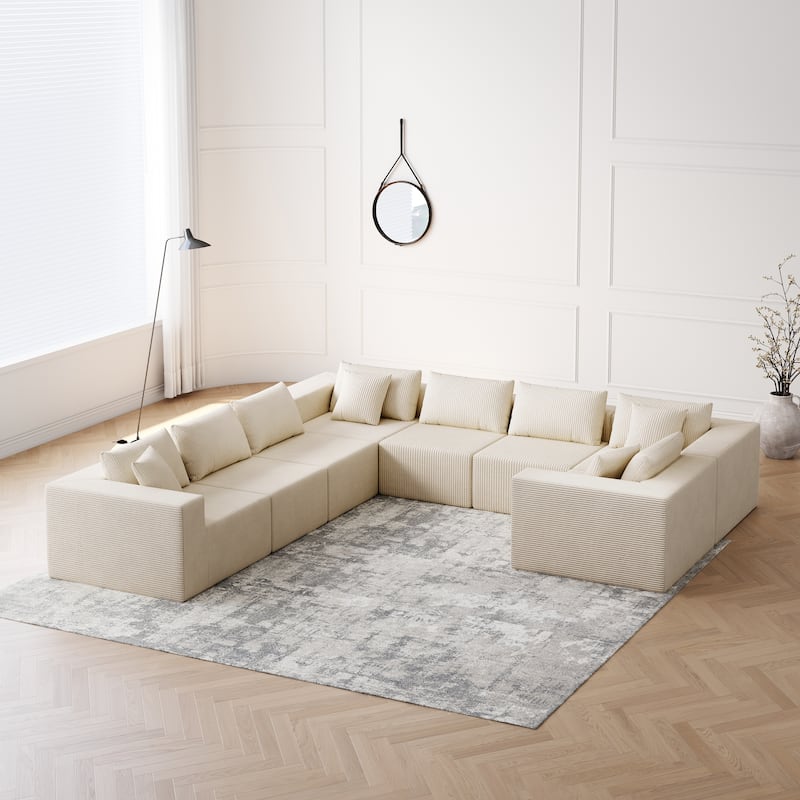 Roomfitters 188" Minimalist Corduroy Modular L-Shaped Sectional Sofa, Free Combination Floor Couch with Pillows - Beige