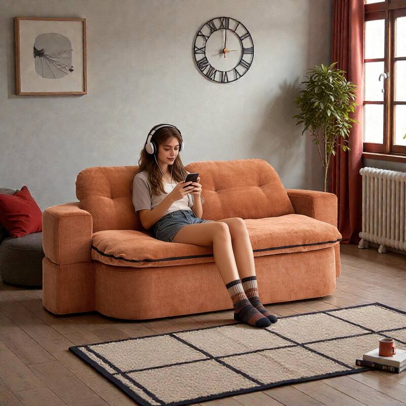 Modern Convertible Floor Sofa Bed with Pillows, Corduroy Foldable Sleeper Sofa Mattress with Built-In Quilt, No Assembly