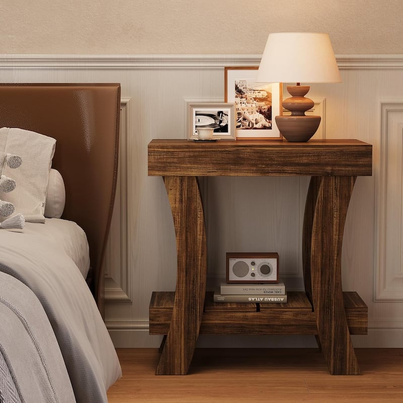 2-Tier Narrow Side Table with Storage Shelf, Rectangular End Table, Small Night Stand for Bedroom, Living Room, Small Spaces