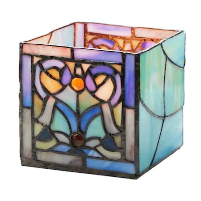 River of Goods 4.75-Inch Blue Flourishes Stained Glass Candle Holder - 4.75" x 4.75" x 4.75"