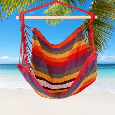 Cotton Canvas Swing Seat Hanging Hammock Chair with Pillows and Wooden Bar for Indoor or Outdoor - 39” x 51”