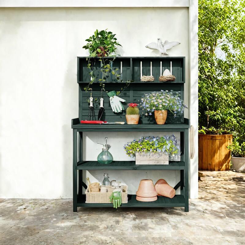 65" Large Patio Wooden Workstation Garden Potting Bench Table with 4 Storage Shelves and Side Hook - Green