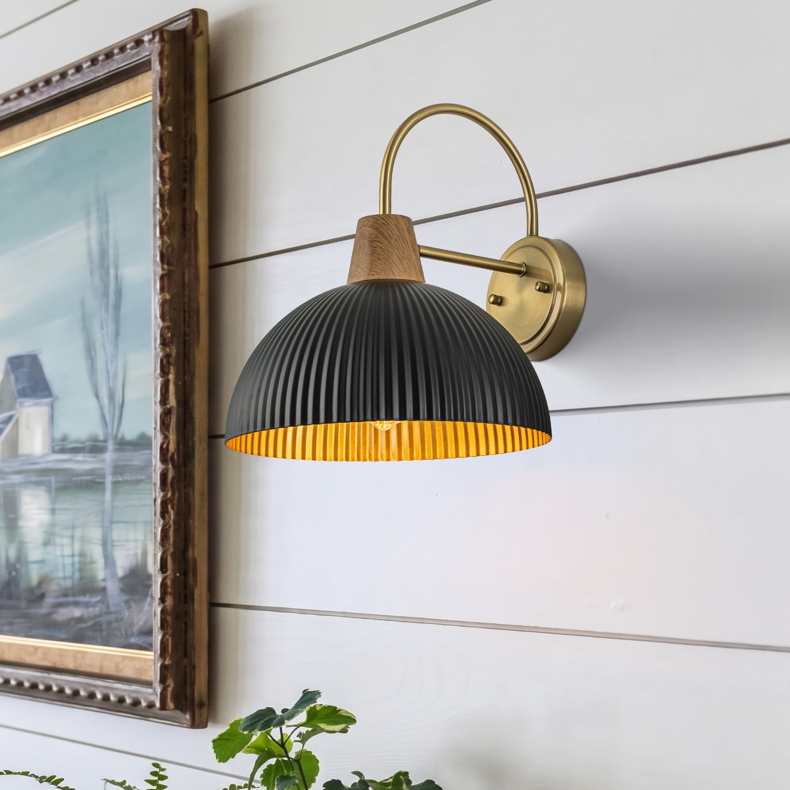 Industrial 1-Light Black and Gold Metal Dome Wall Sconce with Ribbed Shade