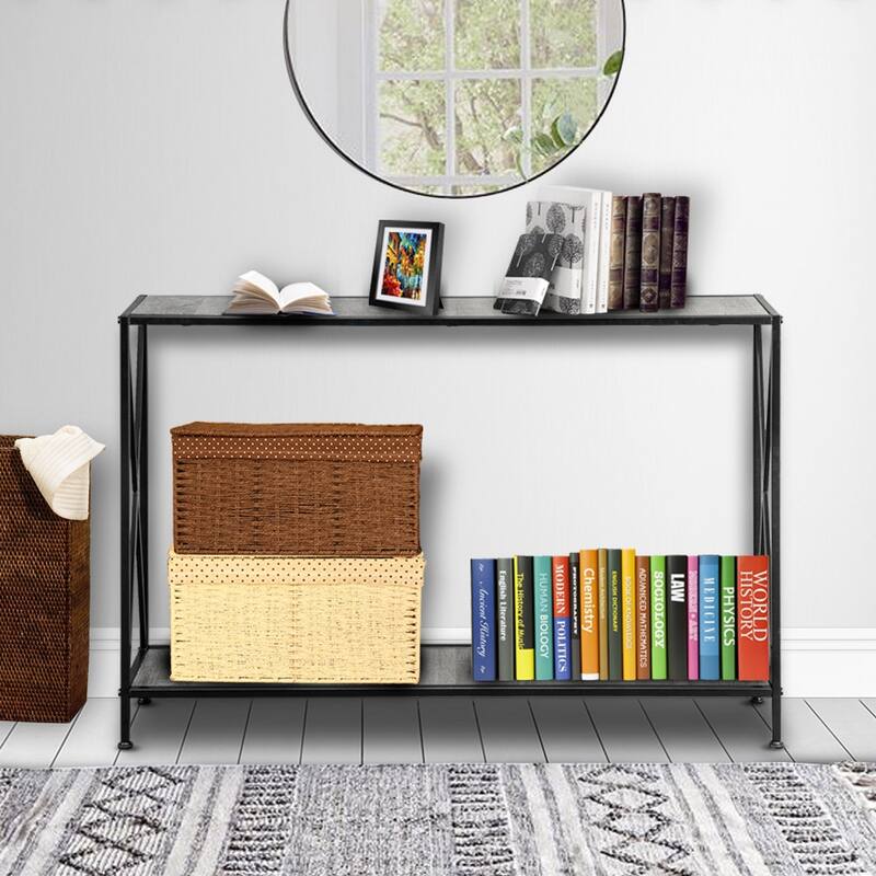 Modern Black Console Table with Steel Frame and Two Shelves for Living Room or Entryway - 43.3" x 9.5" x 28.7" (L x W x H)