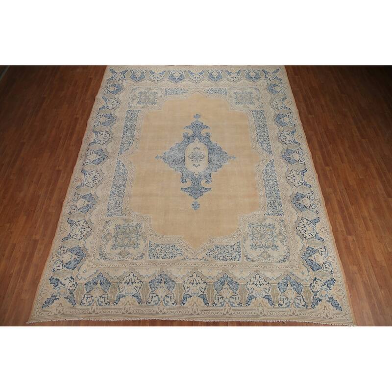 Hand Knotted Oriental 100% Wool Carpet Traditional Medallion Peach Kerman Area Rug - 13' 7'' X 10' 5''