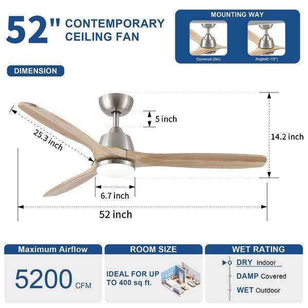 dimension image slide 3 of 5, YUHAO SylvanAir Modern 52 in. Flush Mount Outdoor/Indoor Ceiling Fan with 3 Solid Wood Blades and DC Reversible Motor