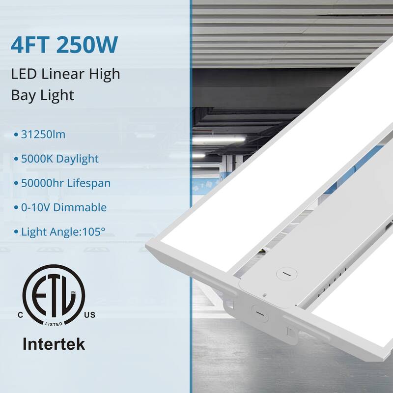 2 Pack 4FT LED Linear High Bay Shop Light, 250W LED Shop Light, 31250lm 125LM/W, 100-277V, 0-10V Dim, 5000K Daylight