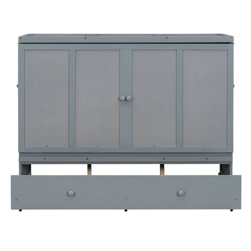 Queen Size 2-in-1 Murphy Bed Cabinet with Space Saving Design with Built in USB/Power Outlets, Large Storage Drawer