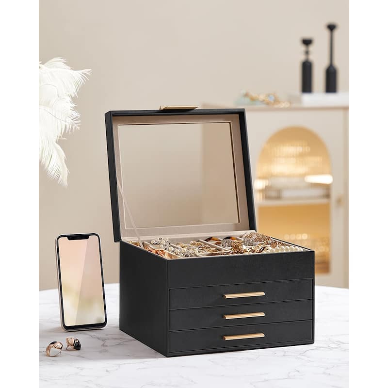 Modern Jewelry Organizer with Multiple Drawers Glass Top and Velvet Interior for Storage