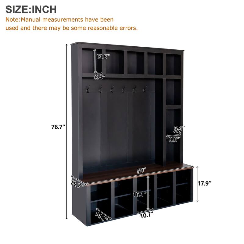Farmhouse Wooden Style 4-in-1 Hall Tree with Storage Bench and Shoe Cubbies - 59" W × 15.7" D × 76.7" H