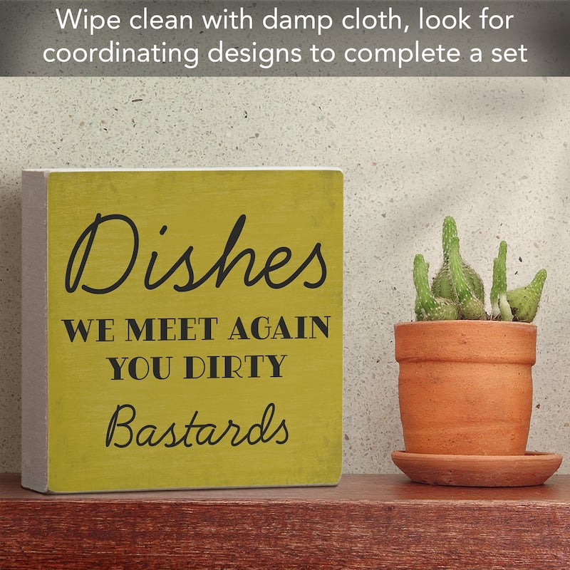 Dishes Artistic Freestanding Solid Wood Block Sign Made in the USA 3.75” Square Decorative Accent for Home or Office