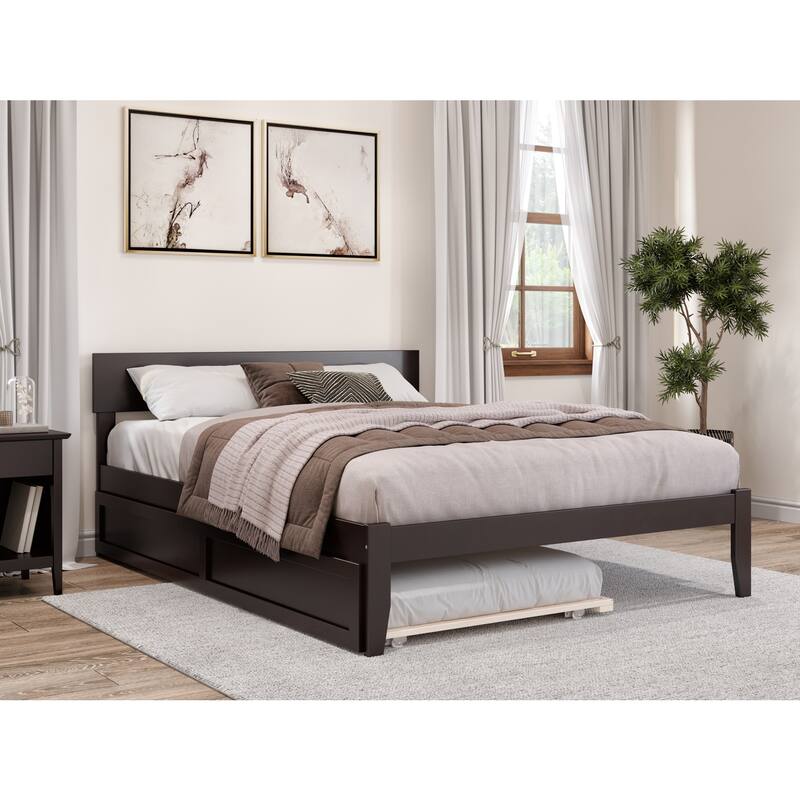Twin XL Bed with Trundle - HomeStock Espresso Finish - Modern Panel Headboard - Durable Wood Frame