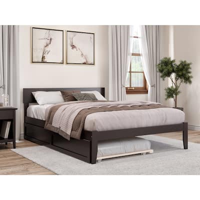 Twin XL Bed with Trundle - HomeStock Espresso Finish - Modern Panel Headboard - Durable Wood Frame