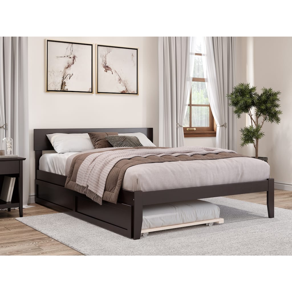 Twin XL Bed with Trundle - HomeStock Espresso Finish - Modern Panel Headboard - Durable Wood Frame