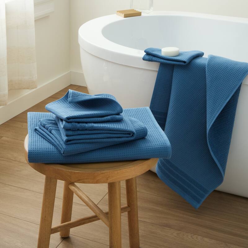 TOWN & COUNTRY BASICS 6-Piece Assorted Waffle Woven Terry Stripe Set, 2 Bath, 2 Hand, 2 Wash, 100% Cotton, Quick Dry