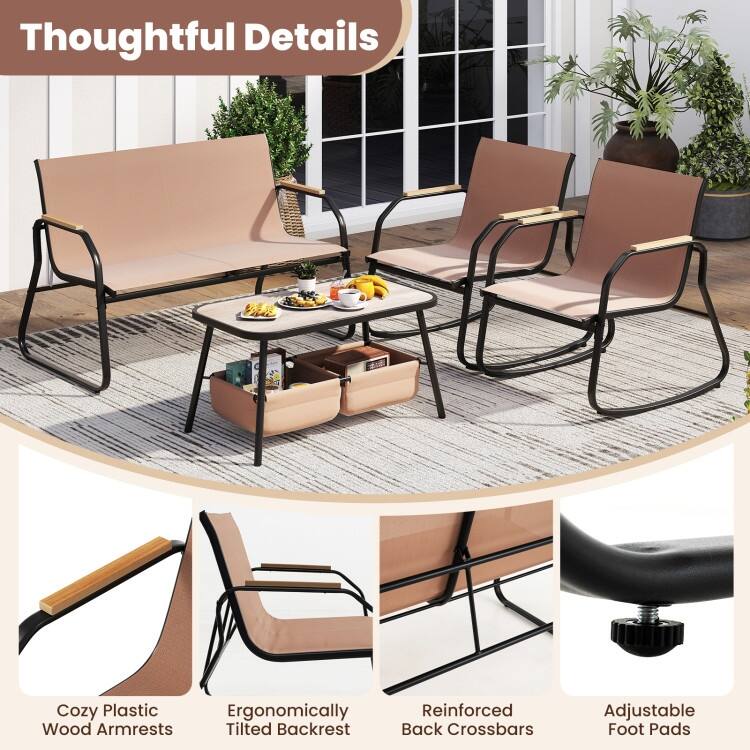 4 Piece Brown-Black Fabric Metal Outdoor Bistro Set with Loveseat and Rockers - Coffee Table: 31.5" x 18" x 16.5"