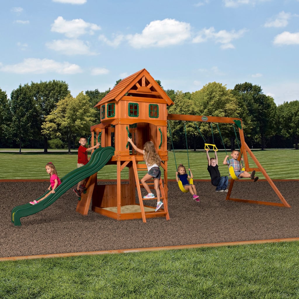 Backyard Discovery Atlantis Cedar Wood Swing Set, Slide, Clubhouse - 18'1" x 7'9"