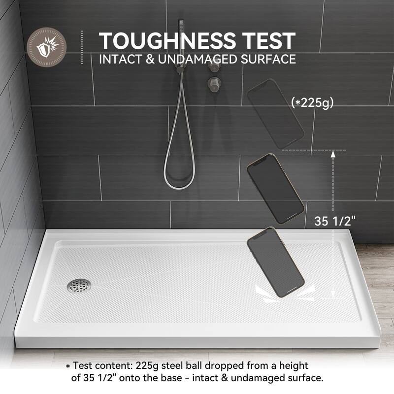 HOROW 60 x 30 Inch Alcove Shower Pan Base in High Gloss White with Wide Threshold Design - Left Drain Location