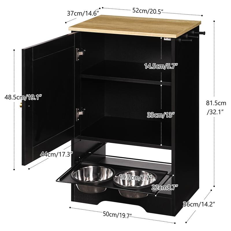 Feeding Station with 1 Storage Cabinets, Pet Feeding Station with 2 Elevated Dog Bowls, Side Hooks, Anti-tip Kit
