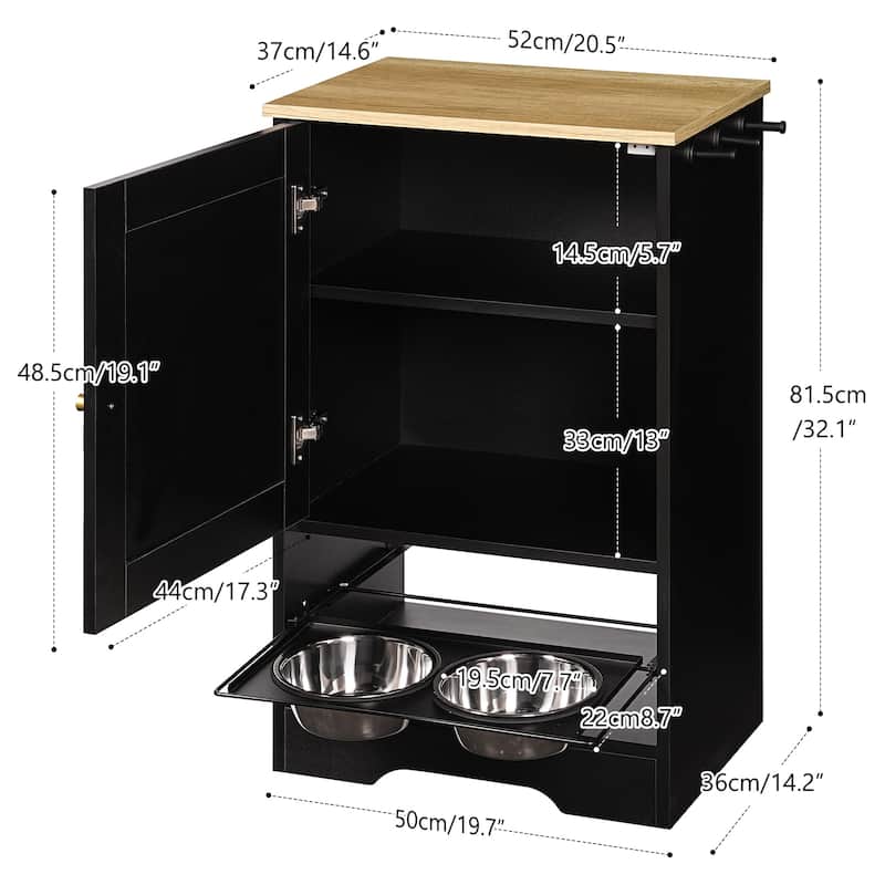 Pet Feeding Station with 2 Dog Bowls,Side Hooks,Anti-tip Kit,for Feeding & Watering, Black
