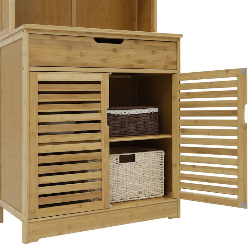 VEIKOUS 72'' Magnetic Door Stopper Hollow-Carved Bamboo Door Kitchen Storage Cabinet with Drawer Worktop, Removable Bamboo Shelf