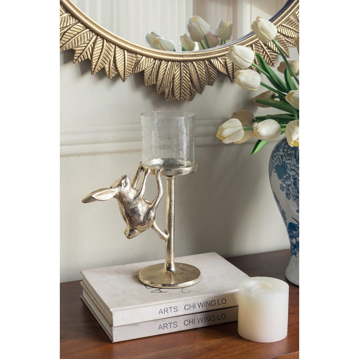 7.9x4x11" Gold Rabbit Pillar Candle Holder with Clear Glass Hurricane Shade