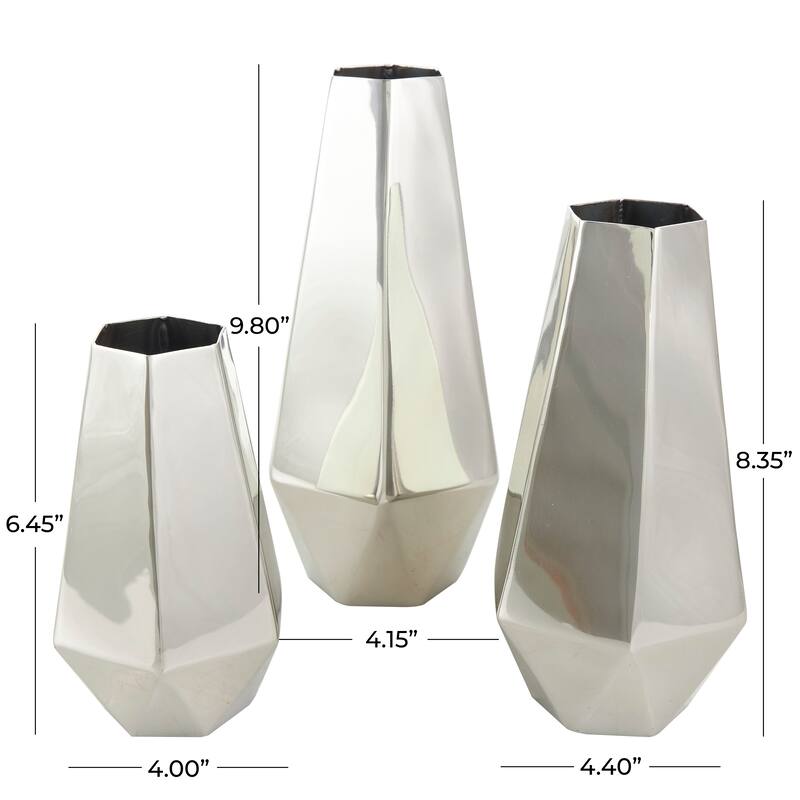 Silver or Gold Stainless Steel Metal Hexagon Shaped Geometric Vase with Varying Heights (Set of 3)
