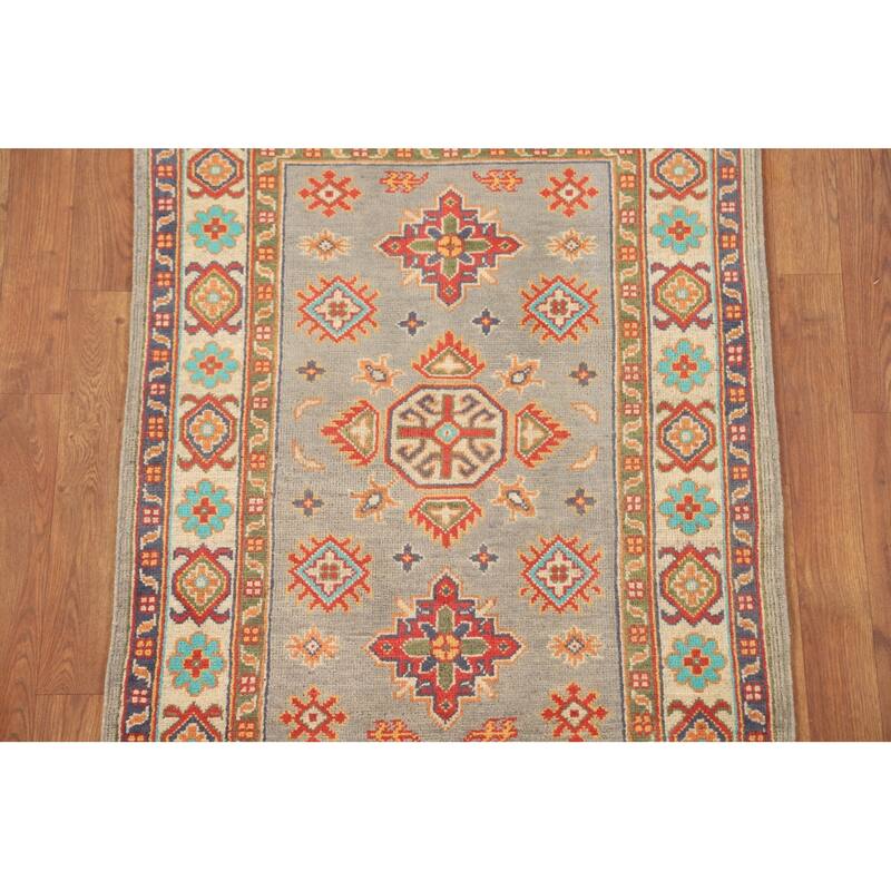 Geometric Kazak Foyer Rug Handmade Grey Wool Carpet - 2'8" x 4'0"