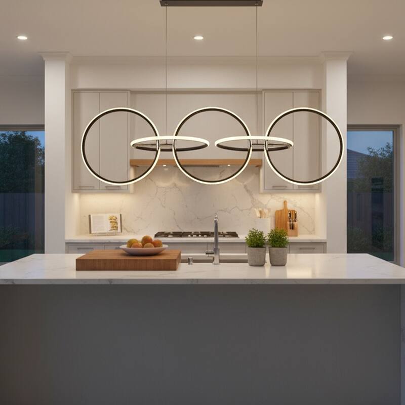 5 Light LED Array Pendant in Black Finish, Chained Ring Design - Black Finish