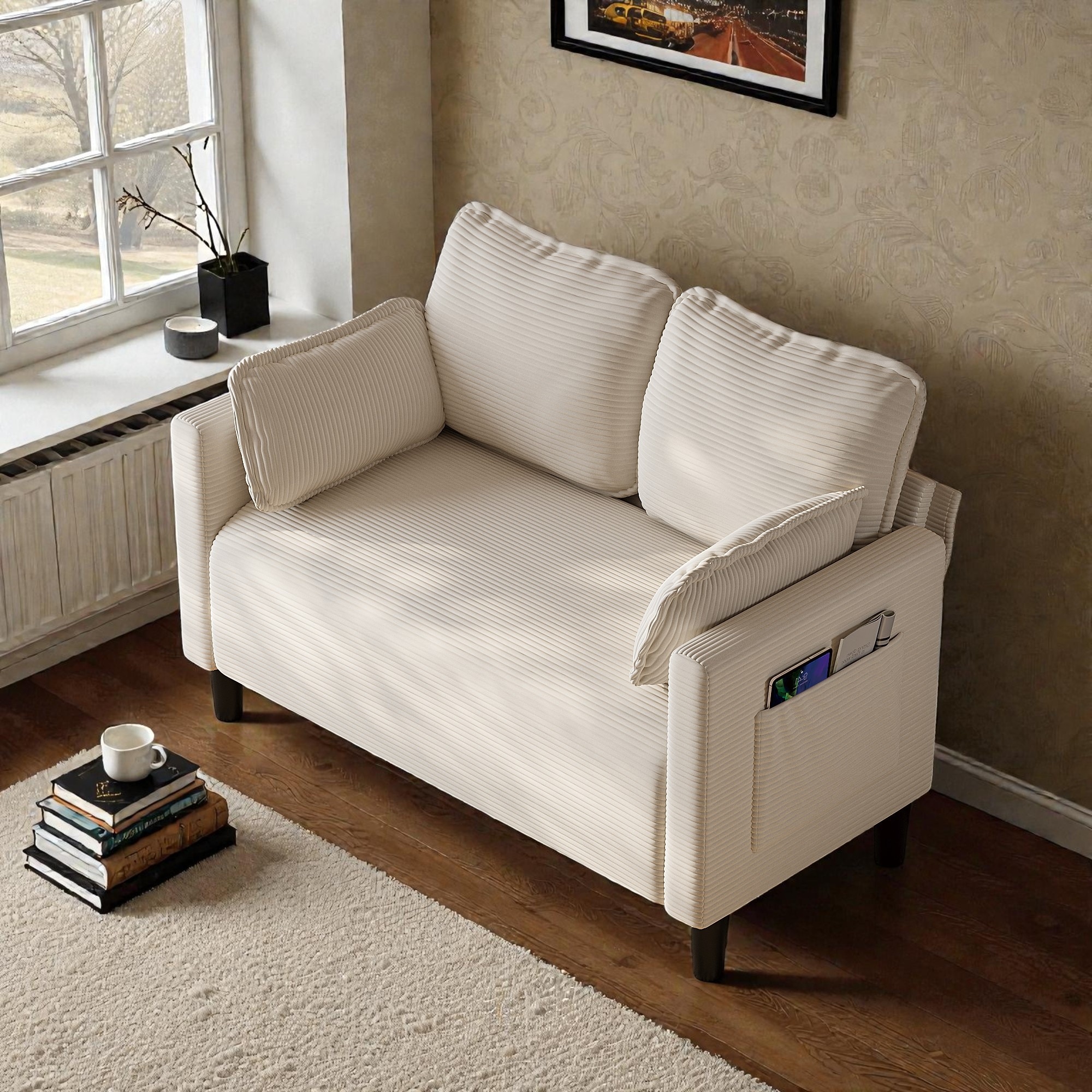Corduroy Loveseat Sofa with Side Storage Pocket, Removable Cushions, Solid Wood Frame, Compact 2 Seater Couch