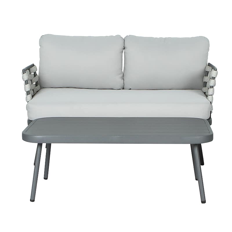 Roomfitters Steel Loveseat with Woven Rope Arms and Coffee Table