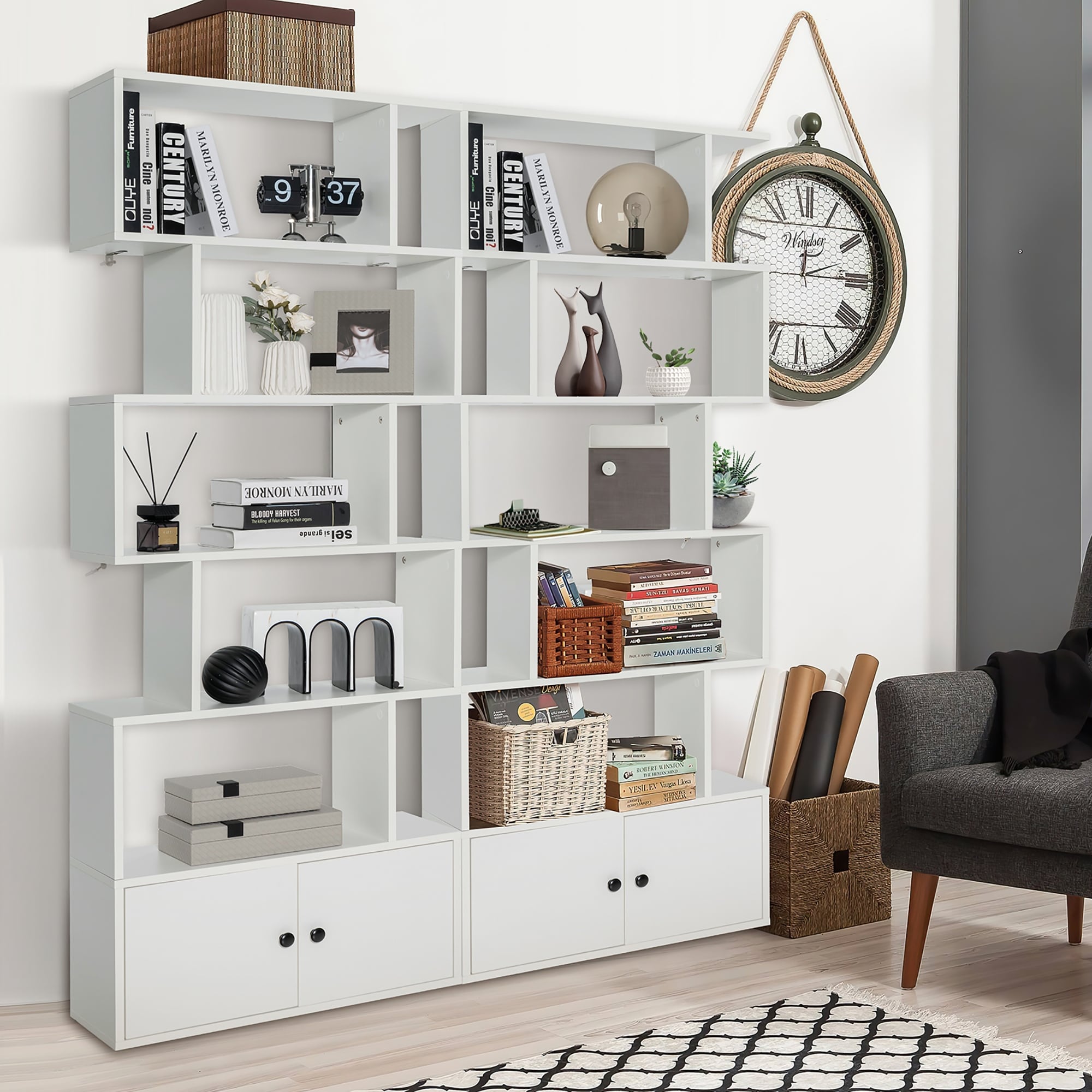 Gymax 2PCS 6-tier Geometric Bookcase S-shaped Z-shelf Bookshelf