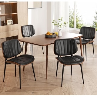 Set of 4 Modern Upholstered Faux Leather Dining Chairs with Walnut ...
