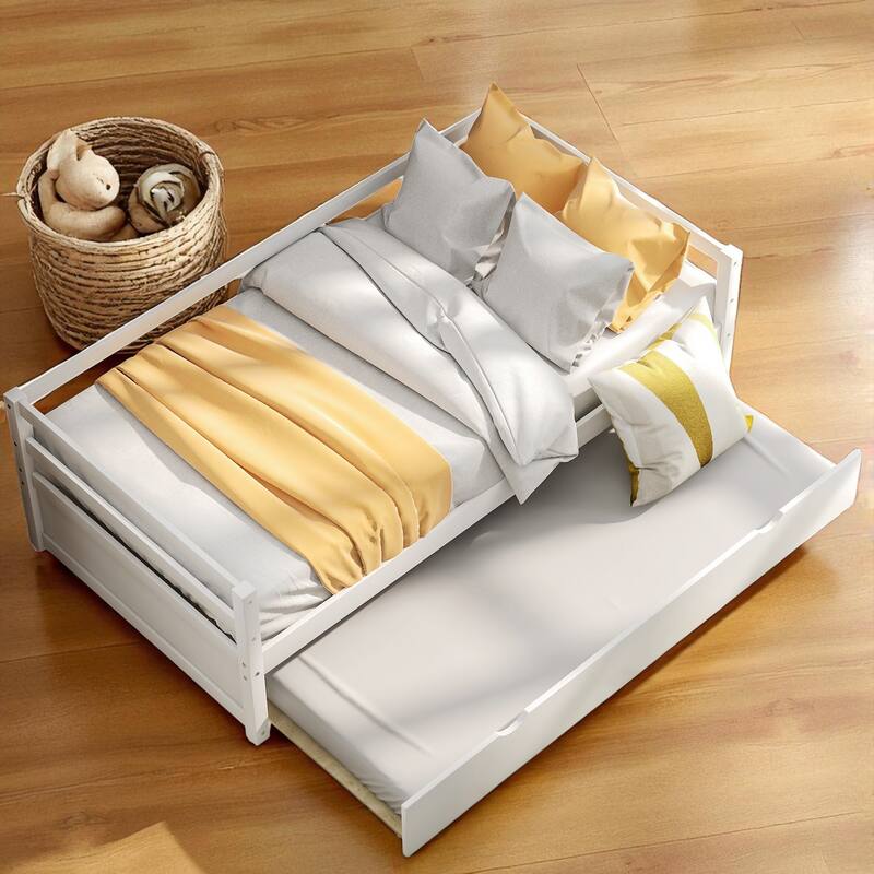 Twin Size Wood Daybed with Trundle, Solid Pine Frame, Guardrails and No Box Spring Required