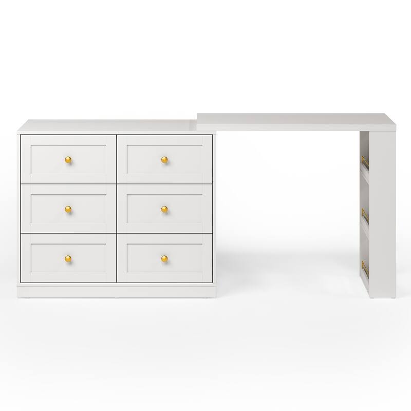 Extendable Makeup Vanity Desk with 6 Drawers - White