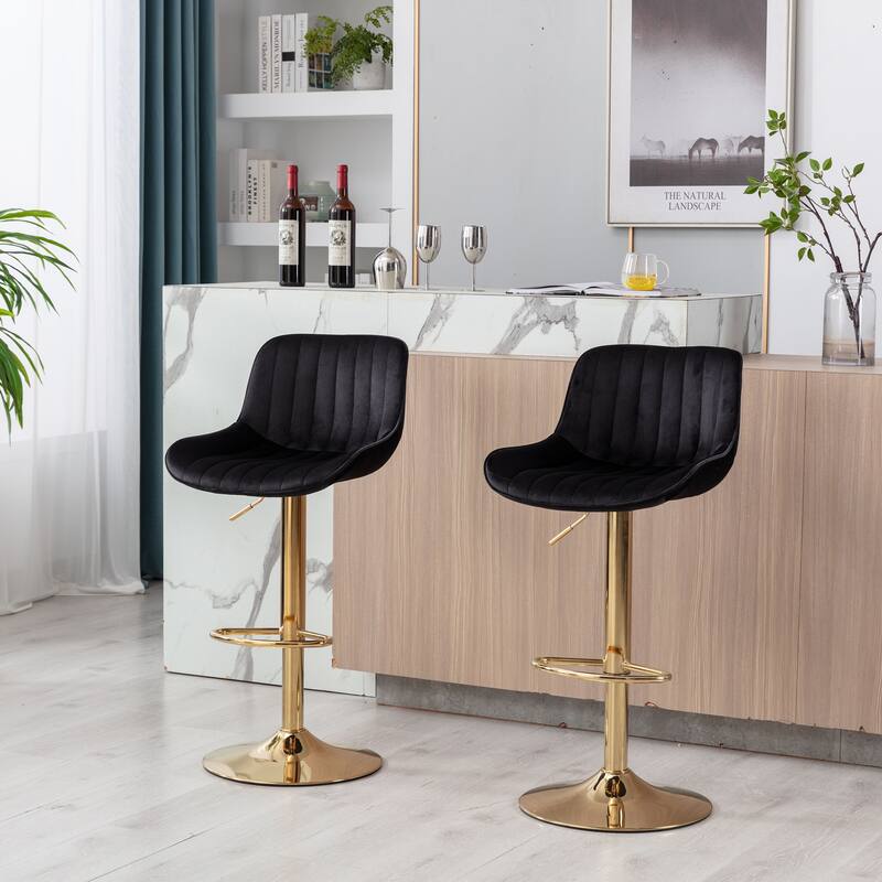 Chrome Footrest and Base Swivel Height Adjustable Mechanical Lifting Velvet + Golden Leg Simple Bar Stool