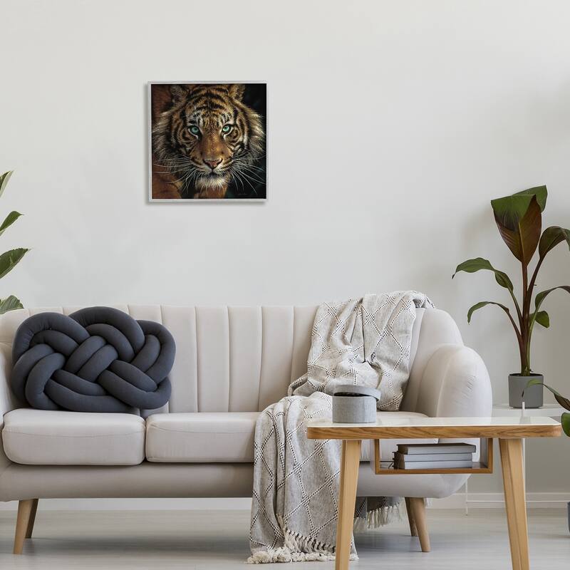 Stupell Fierce Wild Tiger Crouching Green Eyes Detailed Portrait Framed Wall Art - Black