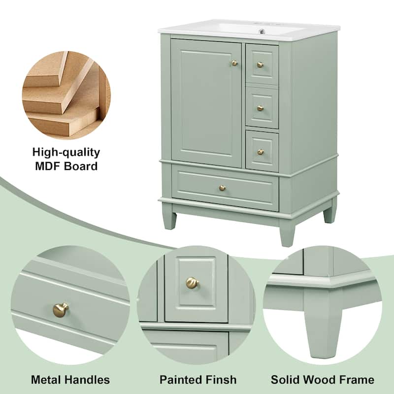 24" Freestanding Bathroom Vanity with Sink - Ceramic Top, Drawers & Shelves, MDF & Solid Wood Base, for Small Bathrooms
