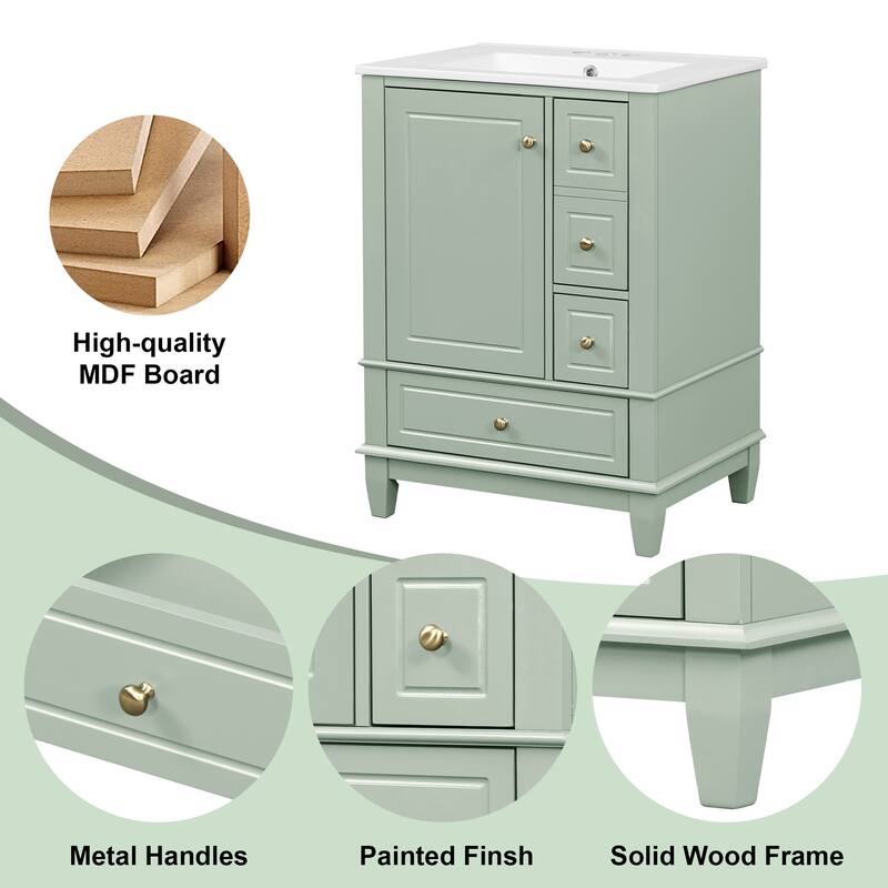 Roomfitters 24" Bathroom Vanity with Sink, Solid Wood Frame, 3 Drawers & Side Cabinet with Door Racks