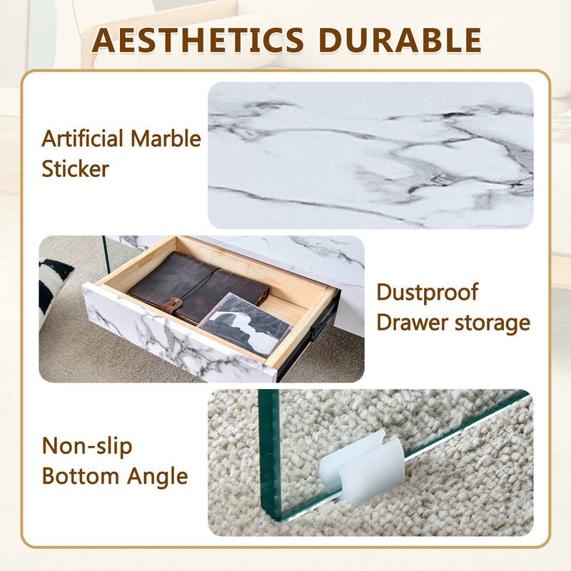Modern Two-Tier Coffee Table-Clear Tempered Glass And White Marble Texture,Multifunctional Storage Design,A Drawer
