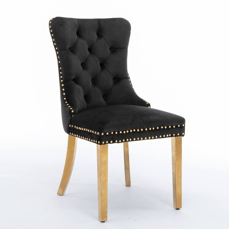 High-end Tufted Solid Wood Upholstered Dining Chair with Golden Stainless Steel Plating Legs,Nailhead Trim,Set of 2