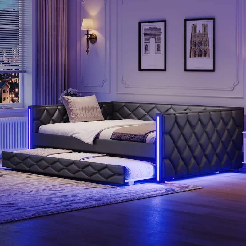 Full XL Size PU Leather Tufted Daybed with Trundle, LED Platform Sofa Bed Frame with Slat Support