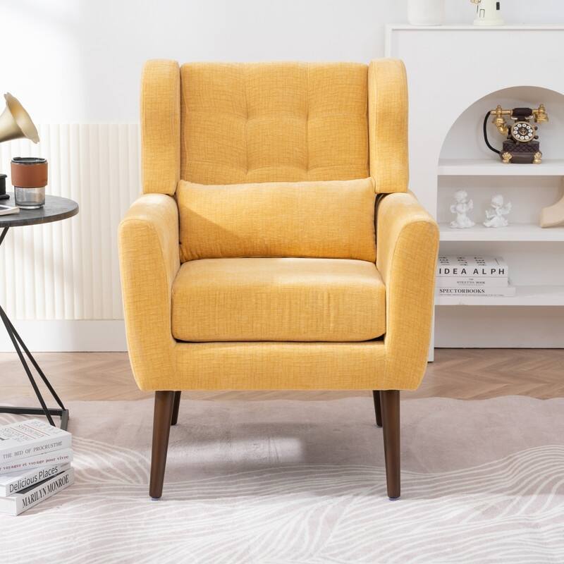 Modern Chenille Upholstered Armchair with Pillow and Solid Wood Leg