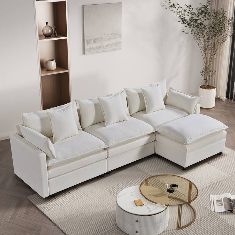 108.66" L-Shaped 4-Seater Sectional Sofa with Convertible Chaise and Ottoman, Spacious Cloud Couch Design - White