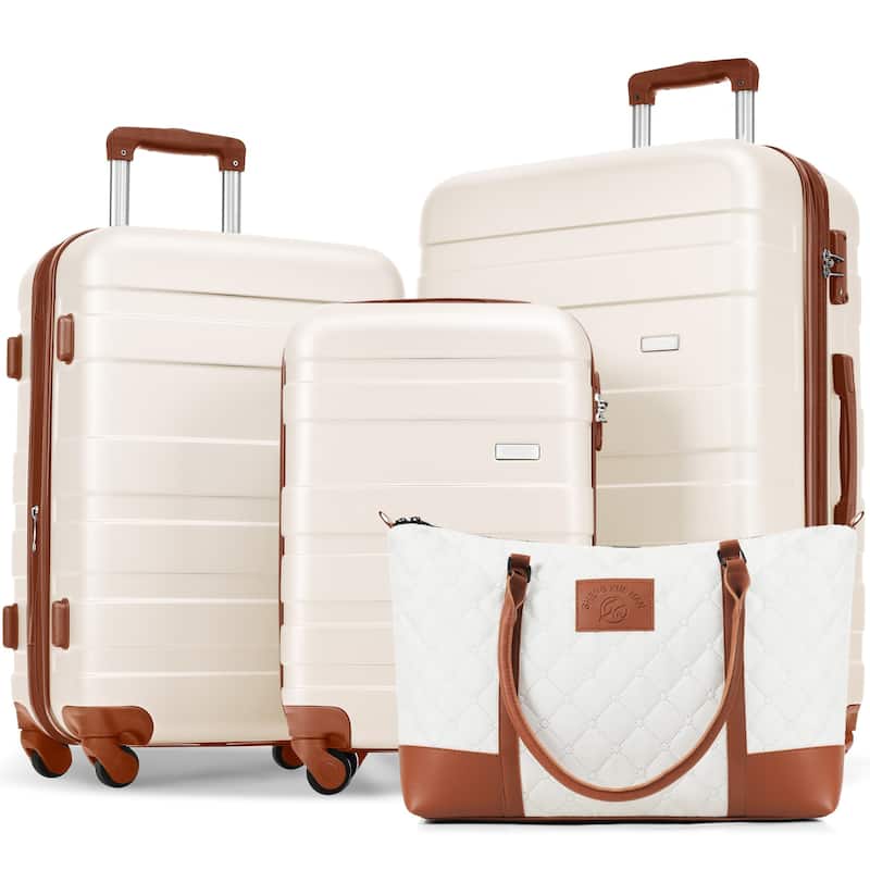 4 Piece High Quality ABS Expandable Lightweight Durable Suitcase Sets with 360掳 Spinner Wheels and TSA Lock & Travel Bag - Ivory+Brown