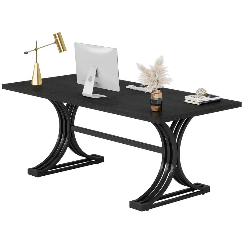 63" Large Rectangular Executive Desk, Wood Faux Marble Table, Business Computer Desk for Home Office