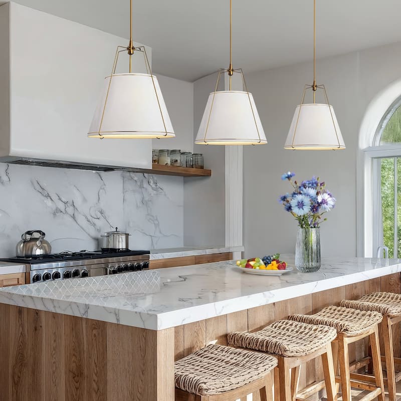 Arthur Modern Pendant Light - Metal, Fabric & Gold, Ivory White Cone Hanging Light For Mid-Century, Modern, Farmhouse Room Decor