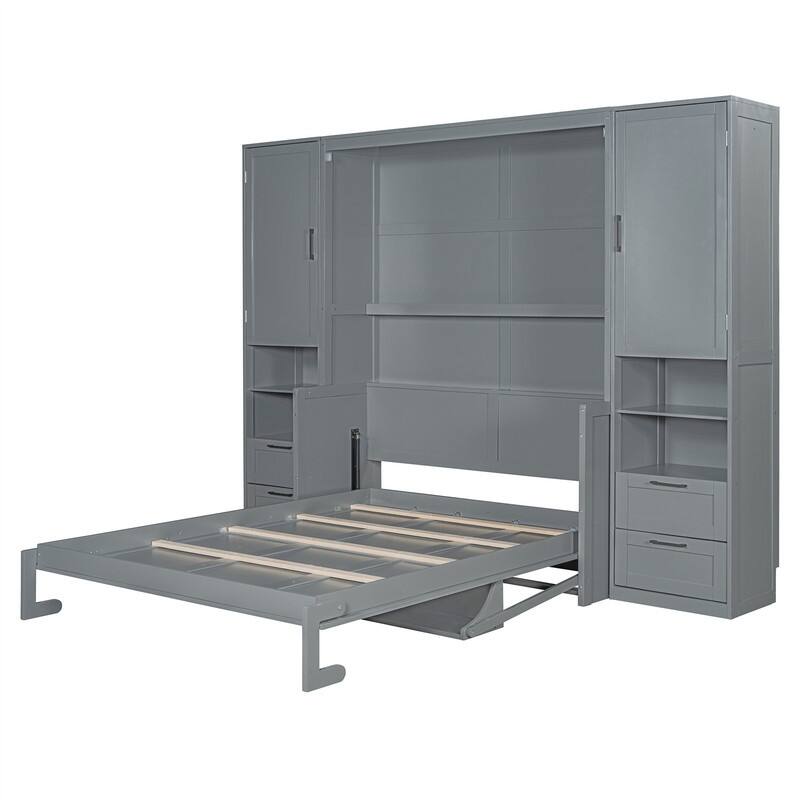Queen Size Murphy Bed Wall Bed with 2 Wardrobes and 4 Storage Drawers, Foldable Murphy Cabinet Bed w/Open Storage Shelves& Stool